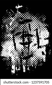Grunge overlay layer. Abstract black and white vector background. Monochrome vintage surface with dirty pattern in cracks, spots, dots. Old wall in dark horror style design