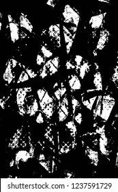 Grunge overlay layer. Abstract black and white vector background. Monochrome vintage surface with dirty pattern in cracks, spots, dots. Old wall in dark horror style design