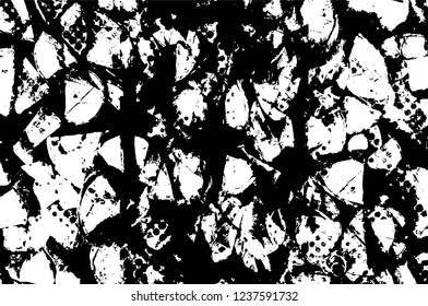 Grunge overlay layer. Abstract black and white vector background. Monochrome vintage surface with dirty pattern in cracks, spots, dots. Old wall in dark horror style design