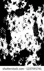 Grunge overlay layer. Abstract black and white vector background. Monochrome vintage surface with dirty pattern in cracks, spots, dots. Old wall in dark horror style design