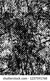 Grunge overlay layer. Abstract black and white vector background. Monochrome vintage surface with dirty pattern in cracks, spots, dots. Old wall in dark horror style design