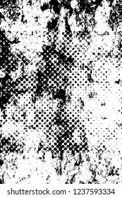 Grunge overlay layer. Abstract black and white vector background. Monochrome vintage surface with dirty pattern in cracks, spots, dots. Old wall in dark horror style design