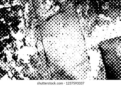 Grunge overlay layer. Abstract black and white vector background. Monochrome vintage surface with dirty pattern in cracks, spots, dots. Old wall in dark horror style design