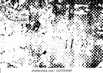 Grunge overlay layer. Abstract black and white vector background. Monochrome vintage surface with dirty pattern in cracks, spots, dots. Old wall in dark horror style design