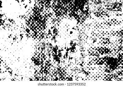 Grunge overlay layer. Abstract black and white vector background. Monochrome vintage surface with dirty pattern in cracks, spots, dots. Old wall in dark horror style design