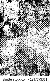 Grunge overlay layer. Abstract black and white vector background. Monochrome vintage surface with dirty pattern in cracks, spots, dots. Old wall in dark horror style design