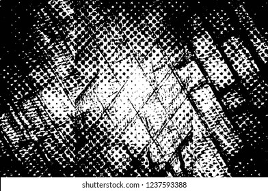 Grunge overlay layer. Abstract black and white vector background. Monochrome vintage surface with dirty pattern in cracks, spots, dots. Old wall in dark horror style design