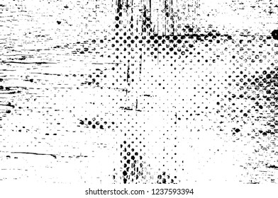 Grunge overlay layer. Abstract black and white vector background. Monochrome vintage surface with dirty pattern in cracks, spots, dots. Old wall in dark horror style design