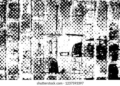Grunge overlay layer. Abstract black and white vector background. Monochrome vintage surface with dirty pattern in cracks, spots, dots. Old wall in dark horror style design