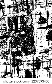 Grunge overlay layer. Abstract black and white vector background. Monochrome vintage surface with dirty pattern in cracks, spots, dots. Old wall in dark horror style design