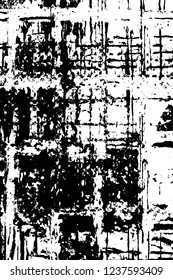 Grunge overlay layer. Abstract black and white vector background. Monochrome vintage surface with dirty pattern in cracks, spots, dots. Old wall in dark horror style design