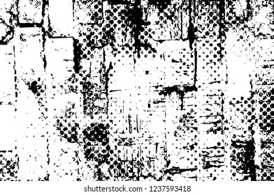 Grunge overlay layer. Abstract black and white vector background. Monochrome vintage surface with dirty pattern in cracks, spots, dots. Old wall in dark horror style design