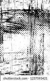 Grunge overlay layer. Abstract black and white vector background. Monochrome vintage surface with dirty pattern in cracks, spots, dots. Old wall in dark horror style design