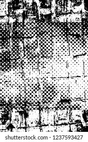 Grunge overlay layer. Abstract black and white vector background. Monochrome vintage surface with dirty pattern in cracks, spots, dots. Old wall in dark horror style design
