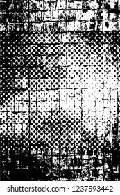 Grunge overlay layer. Abstract black and white vector background. Monochrome vintage surface with dirty pattern in cracks, spots, dots. Old wall in dark horror style design