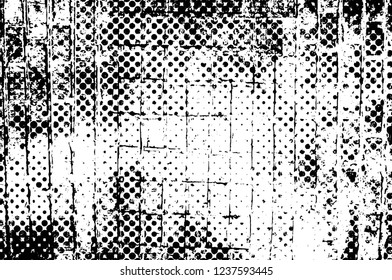 Grunge overlay layer. Abstract black and white vector background. Monochrome vintage surface with dirty pattern in cracks, spots, dots. Old wall in dark horror style design