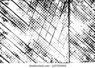 Grunge overlay layer. Abstract black and white vector background. Monochrome vintage surface with dirty pattern in cracks, spots, dots. Old wall in dark horror style design
