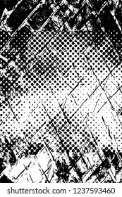 Grunge overlay layer. Abstract black and white vector background. Monochrome vintage surface with dirty pattern in cracks, spots, dots. Old wall in dark horror style design