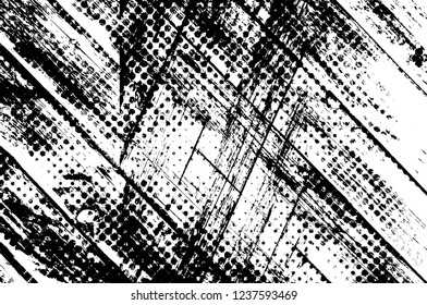 Grunge overlay layer. Abstract black and white vector background. Monochrome vintage surface with dirty pattern in cracks, spots, dots. Old wall in dark horror style design