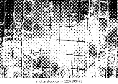 Grunge overlay layer. Abstract black and white vector background. Monochrome vintage surface with dirty pattern in cracks, spots, dots. Old wall in dark horror style design
