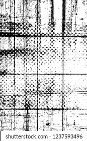 Grunge overlay layer. Abstract black and white vector background. Monochrome vintage surface with dirty pattern in cracks, spots, dots. Old wall in dark horror style design