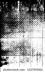 Grunge overlay layer. Abstract black and white vector background. Monochrome vintage surface with dirty pattern in cracks, spots, dots. Old wall in dark horror style design