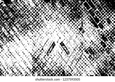 Grunge overlay layer. Abstract black and white vector background. Monochrome vintage surface with dirty pattern in cracks, spots, dots. Old wall in dark horror style design