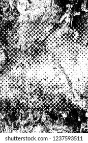 Grunge overlay layer. Abstract black and white vector background. Monochrome vintage surface with dirty pattern in cracks, spots, dots. Old wall in dark horror style design