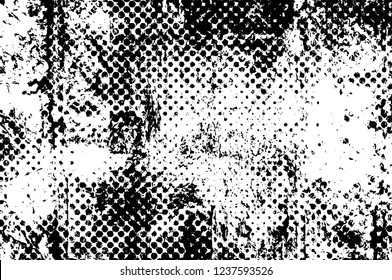 Grunge overlay layer. Abstract black and white vector background. Monochrome vintage surface with dirty pattern in cracks, spots, dots. Old wall in dark horror style design