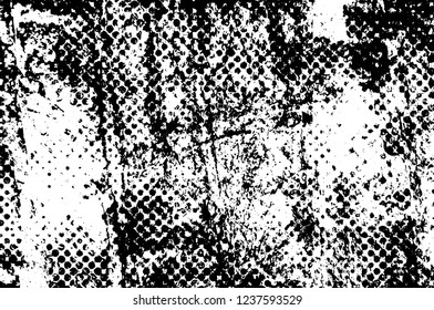 Grunge overlay layer. Abstract black and white vector background. Monochrome vintage surface with dirty pattern in cracks, spots, dots. Old wall in dark horror style design