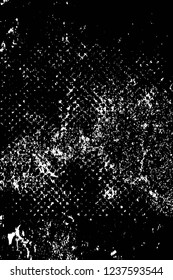 Grunge overlay layer. Abstract black and white vector background. Monochrome vintage surface with dirty pattern in cracks, spots, dots. Old wall in dark horror style design
