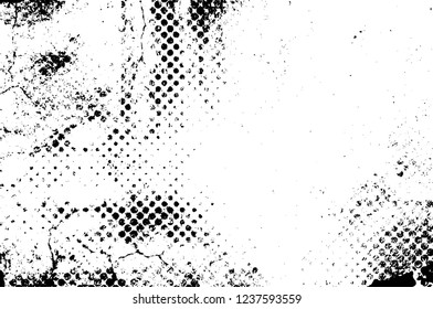 Grunge overlay layer. Abstract black and white vector background. Monochrome vintage surface with dirty pattern in cracks, spots, dots. Old wall in dark horror style design