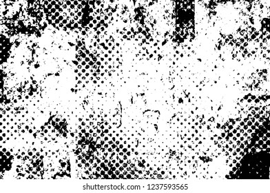 Grunge overlay layer. Abstract black and white vector background. Monochrome vintage surface with dirty pattern in cracks, spots, dots. Old wall in dark horror style design
