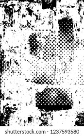Grunge overlay layer. Abstract black and white vector background. Monochrome vintage surface with dirty pattern in cracks, spots, dots. Old wall in dark horror style design