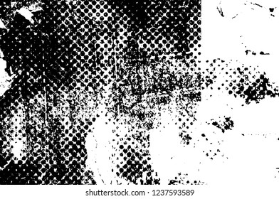 Grunge overlay layer. Abstract black and white vector background. Monochrome vintage surface with dirty pattern in cracks, spots, dots. Old wall in dark horror style design