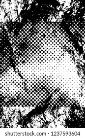 Grunge overlay layer. Abstract black and white vector background. Monochrome vintage surface with dirty pattern in cracks, spots, dots. Old wall in dark horror style design