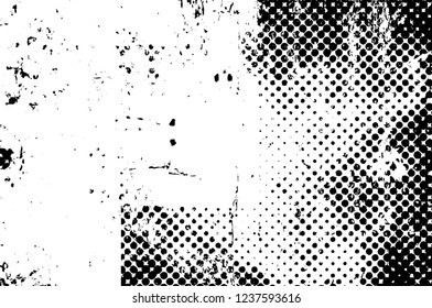 Grunge overlay layer. Abstract black and white vector background. Monochrome vintage surface with dirty pattern in cracks, spots, dots. Old wall in dark horror style design