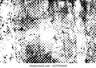 Grunge overlay layer. Abstract black and white vector background. Monochrome vintage surface with dirty pattern in cracks, spots, dots. Old wall in dark horror style design