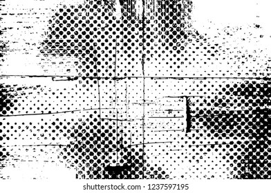 Grunge overlay layer. Abstract black and white vector background. Monochrome vintage surface with dirty pattern in cracks, spots, dots. Old wall in dark horror style design
