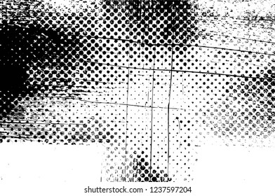 Grunge overlay layer. Abstract black and white vector background. Monochrome vintage surface with dirty pattern in cracks, spots, dots. Old wall in dark horror style design
