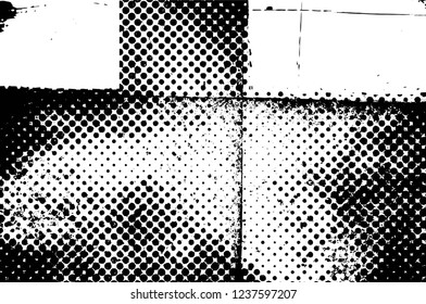 Grunge overlay layer. Abstract black and white vector background. Monochrome vintage surface with dirty pattern in cracks, spots, dots. Old wall in dark horror style design