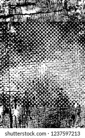 Grunge overlay layer. Abstract black and white vector background. Monochrome vintage surface with dirty pattern in cracks, spots, dots. Old wall in dark horror style design
