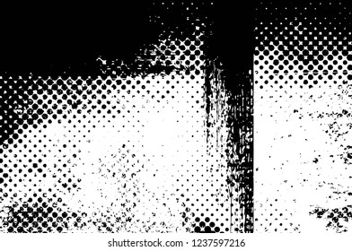 Grunge overlay layer. Abstract black and white vector background. Monochrome vintage surface with dirty pattern in cracks, spots, dots. Old wall in dark horror style design