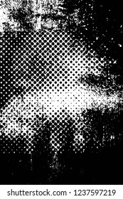 Grunge overlay layer. Abstract black and white vector background. Monochrome vintage surface with dirty pattern in cracks, spots, dots. Old wall in dark horror style design