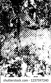 Grunge overlay layer. Abstract black and white vector background. Monochrome vintage surface with dirty pattern in cracks, spots, dots. Old wall in dark horror style design