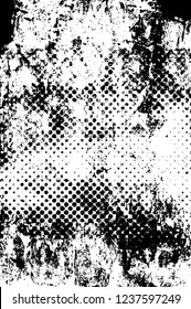 Grunge overlay layer. Abstract black and white vector background. Monochrome vintage surface with dirty pattern in cracks, spots, dots. Old wall in dark horror style design