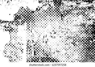 Grunge overlay layer. Abstract black and white vector background. Monochrome vintage surface with dirty pattern in cracks, spots, dots. Old wall in dark horror style design
