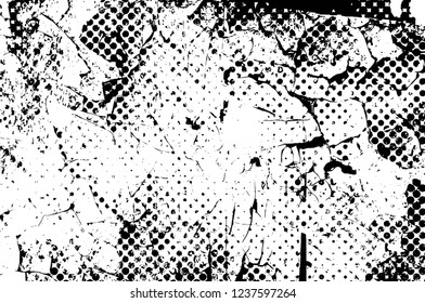Grunge overlay layer. Abstract black and white vector background. Monochrome vintage surface with dirty pattern in cracks, spots, dots. Old wall in dark horror style design