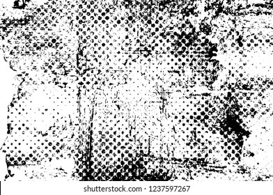 Grunge overlay layer. Abstract black and white vector background. Monochrome vintage surface with dirty pattern in cracks, spots, dots. Old wall in dark horror style design