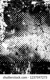 Grunge overlay layer. Abstract black and white vector background. Monochrome vintage surface with dirty pattern in cracks, spots, dots. Old wall in dark horror style design